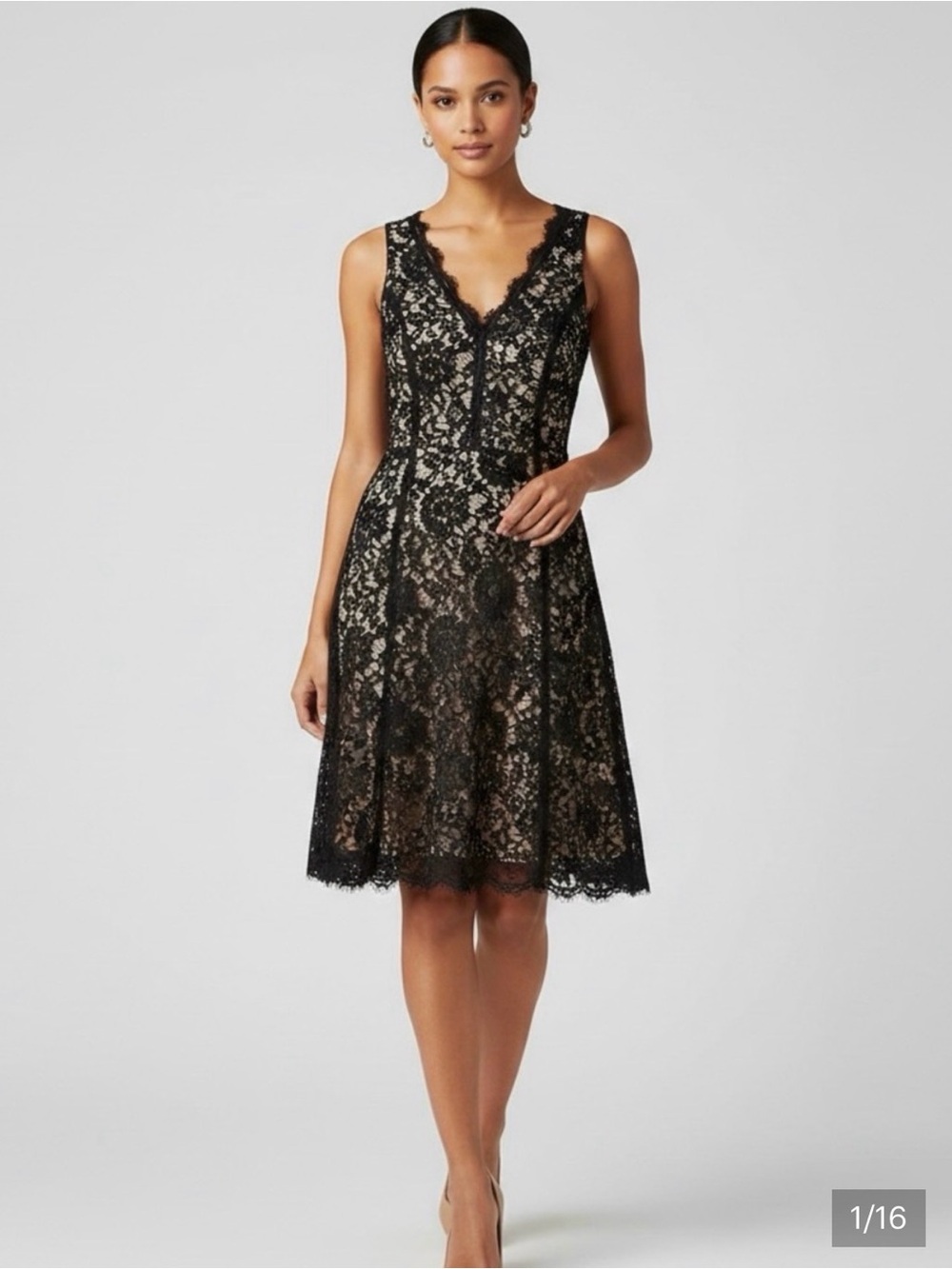 LOFT Black Lace Midi Dress with Nude Lining